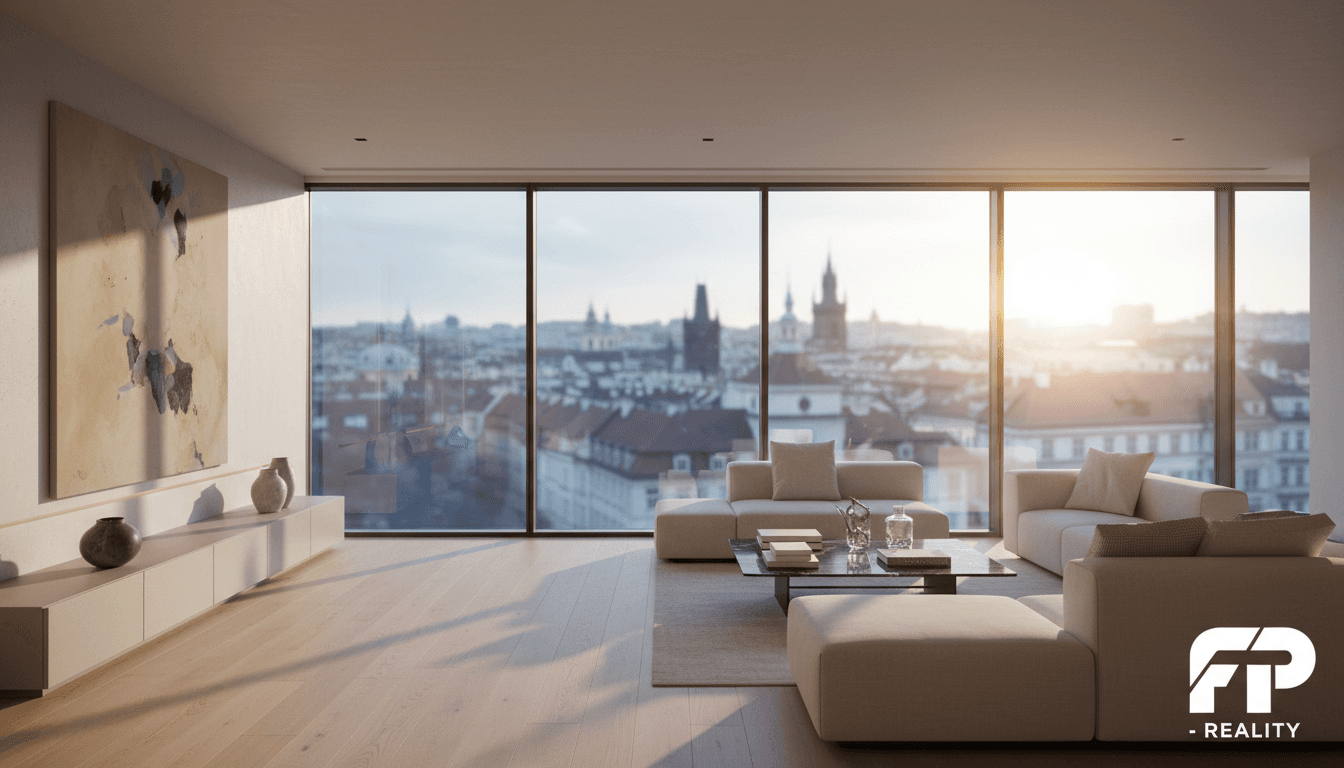 Modern luxury apartment interior with Prague skyline view
