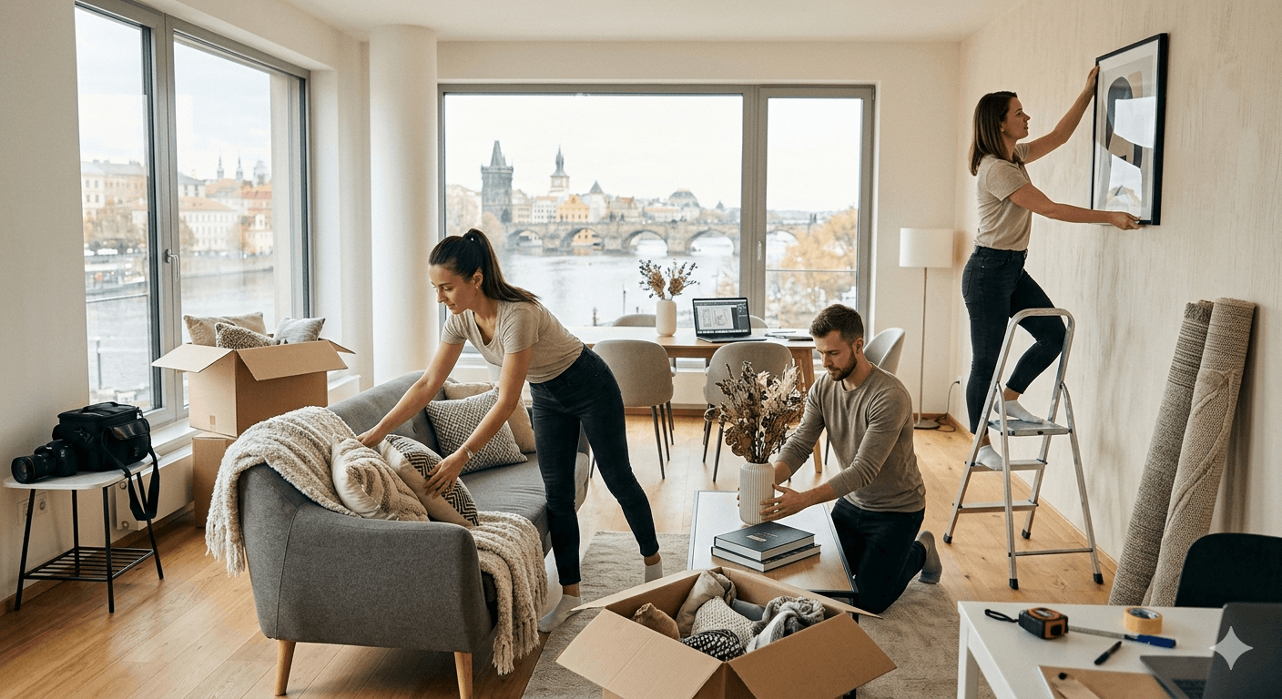 Three people decorate a bright apartment overlooking a river, arranging furniture and hanging wall art.